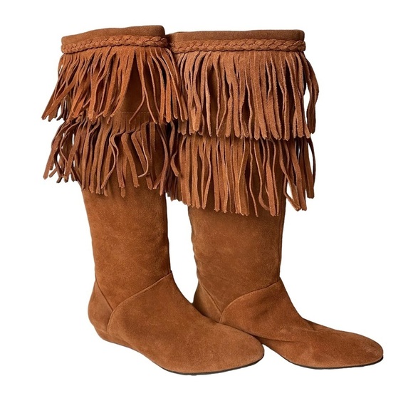 Gianni Bini women’s cognac suede fringe flat wedge ankle pull on boots sz 6.5 M - Picture 8 of 9